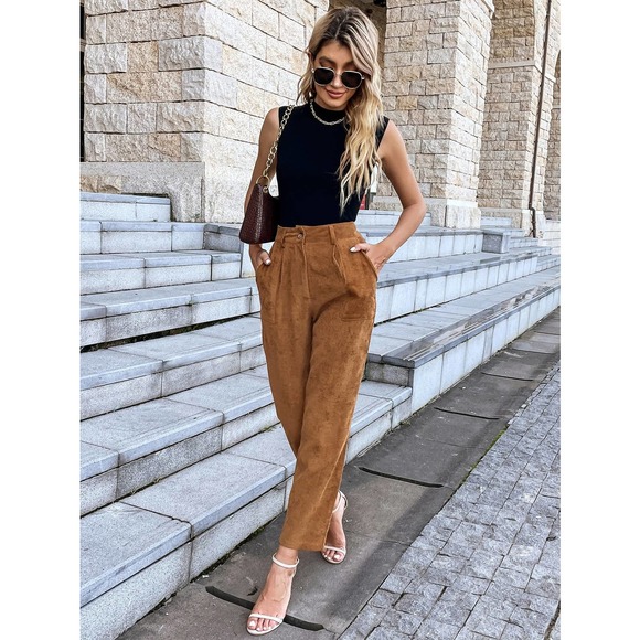 High Waist Slant Pocket Corduroy Pants brown tan fall straight leg - Picture 7 of 7